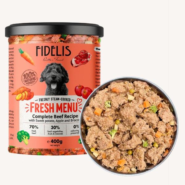 Fidelis Beef Fresh Menu Complete Dog Food 400g glass jar